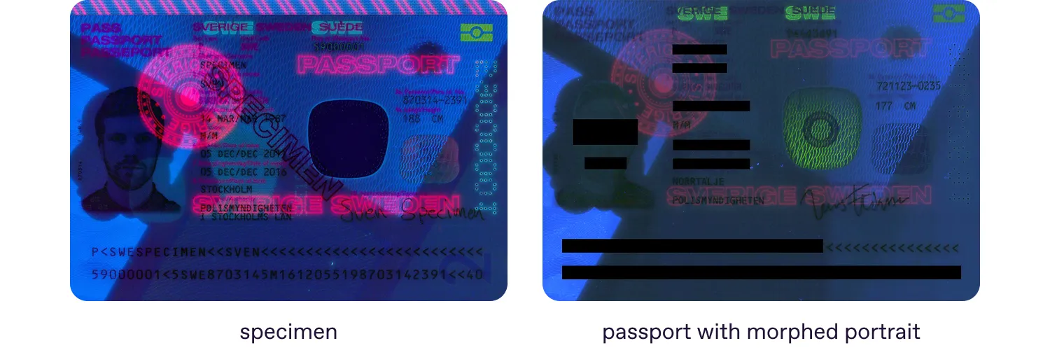 UV pattern in the specimen and passport with morphed portrait